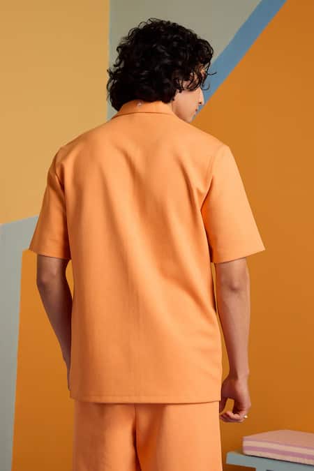 Shop_Muvazo_Orange Cotton, Polyester Embroidery Abstract Sunbeam Print Shirt _at_Aza_Fashions