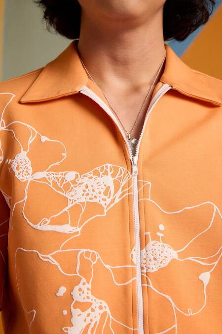 Buy_Muvazo_Orange Cotton, Polyester Embroidery Abstract Sunbeam Print Shirt _Online_at_Aza_Fashions