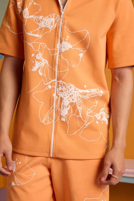 Shop_Muvazo_Orange Cotton, Polyester Embroidery Abstract Sunbeam Print Shirt _Online_at_Aza_Fashions