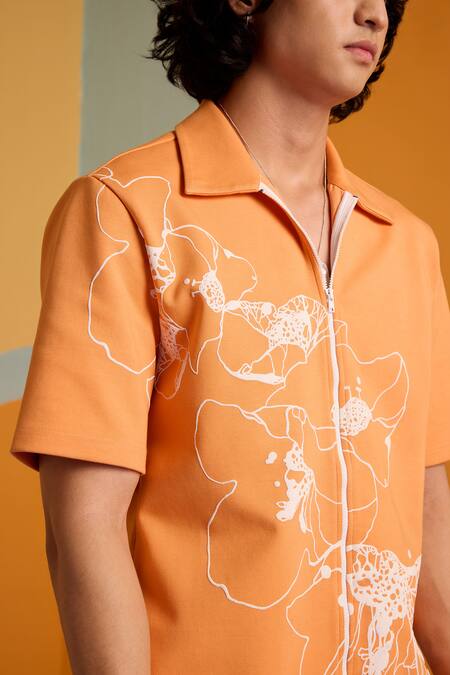 Muvazo_Orange Cotton, Polyester Embroidery Abstract Sunbeam Print Shirt _at_Aza_Fashions