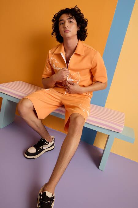 Buy_Muvazo_Orange Cotton, Polyester Embroidery Abstract Sunbeam Print Shirt 