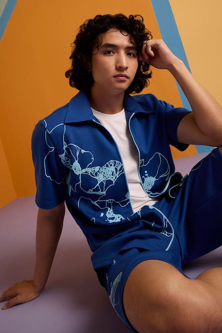 Shop Muvazo Blue Cotton, Polyester Sunbeam Spectrum Shorts Online at Aza Fashions Shop_Muvazo_Blue Cotton, Polyester Sunbeam Spectrum Shorts _Online_at_Aza_Fashions