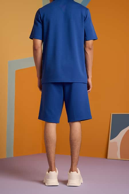 Shop Muvazo Blue Cotton, Polyester Sunbeam Spectrum Shorts at Aza Fashions Shop_Muvazo_Blue Cotton, Polyester Sunbeam Spectrum Shorts _at_Aza_Fashions