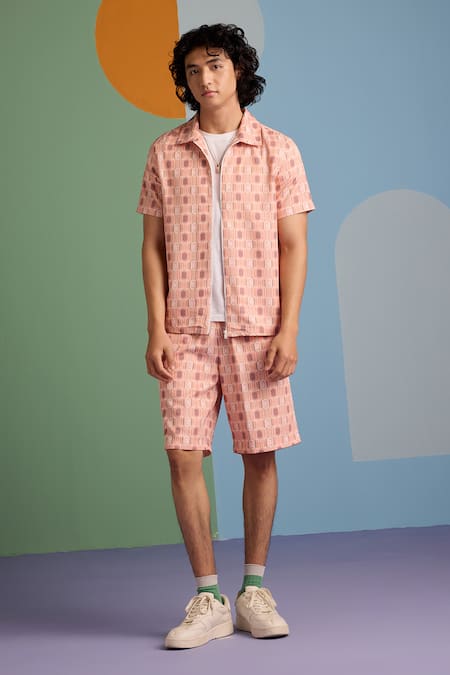 Muvazo_Pink Satin, Twill Geo Fusion Print Shirt _Online_at_Aza_Fashions