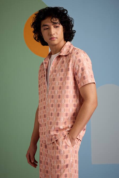 Buy_Muvazo_Pink Satin, Twill Geo Fusion Print Shirt _Online_at_Aza_Fashions