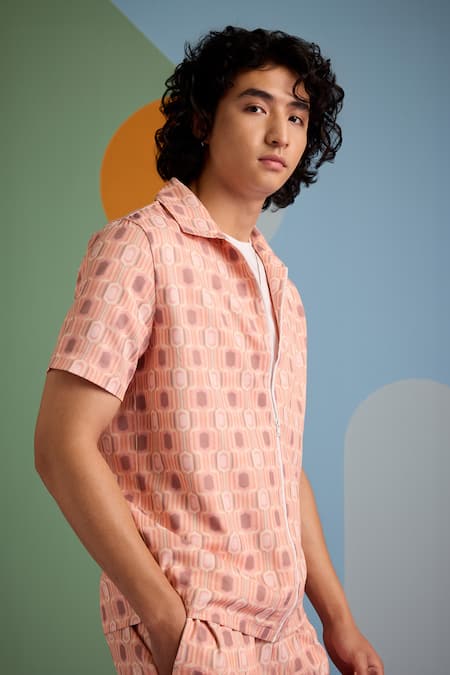 Shop_Muvazo_Pink Satin, Twill Geo Fusion Print Shirt _Online_at_Aza_Fashions