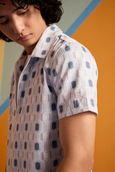 Buy_Muvazo_Grey Satin, Twill Geo Fusion Geometric Print Shirt _Online_at_Aza_Fashions