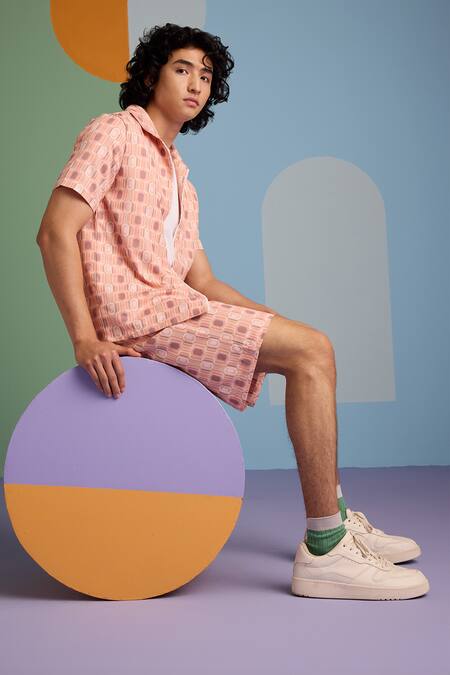 Buy_Muvazo_Pink Satin Geo Fusion Print Shorts _Online_at_Aza_Fashions