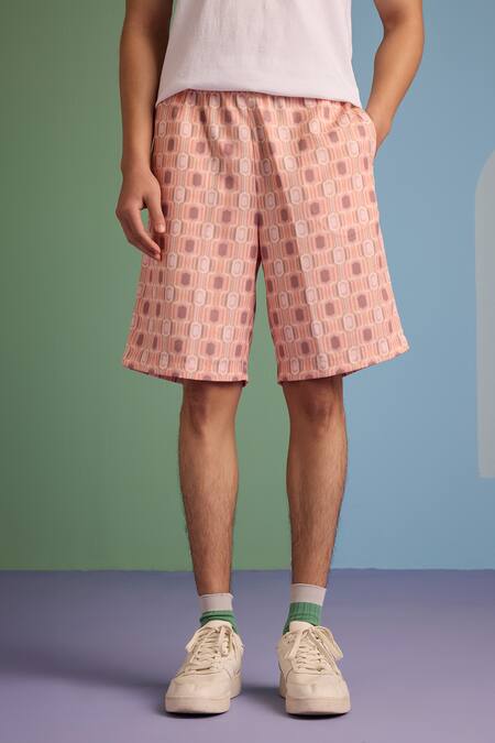 Shop_Muvazo_Pink Satin Geo Fusion Print Shorts _Online_at_Aza_Fashions