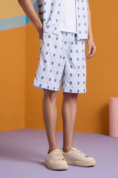 Muvazo_Blue Satin Geo Fusion Geometric Print Shorts _Online_at_Aza_Fashions