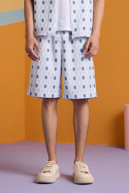 Buy_Muvazo_Blue Satin Geo Fusion Geometric Print Shorts _Online_at_Aza_Fashions