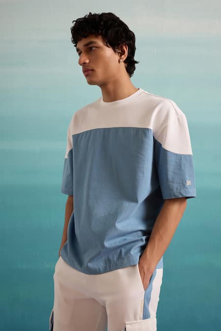 Muvazo_Blue Cotton, Polyester Coastal Color Block Tee _Online_at_Aza_Fashions