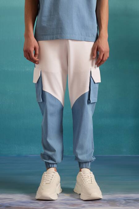 Buy Muvazo Blue Cotton, Polyester Coastal Mist Colorblock Joggers Online at Aza Fashions Buy_Muvazo_Blue Cotton, Polyester Coastal Mist Colorblock Joggers _Online_at_Aza_Fashions