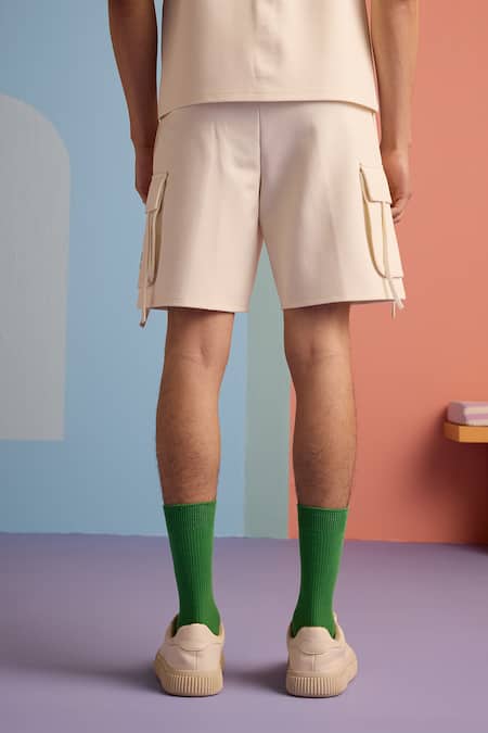 Shop_Muvazo_Beige Cotton, Polyester Organic Ovation Pattern Shorts _at_Aza_Fashions