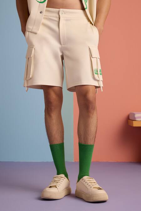 Muvazo_Beige Cotton, Polyester Organic Ovation Pattern Shorts _Online_at_Aza_Fashions