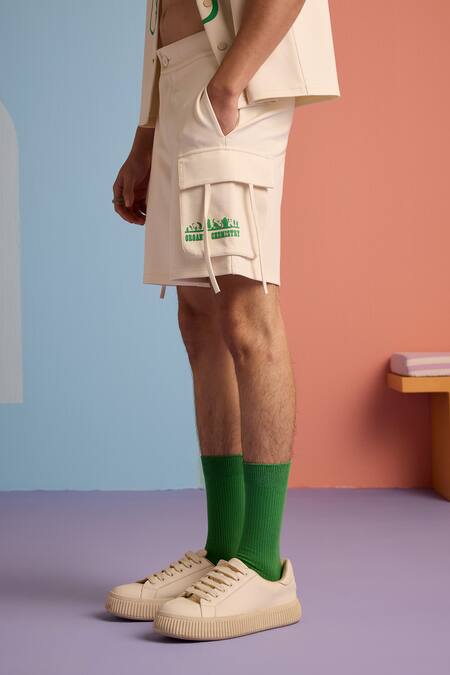 Buy_Muvazo_Beige Cotton, Polyester Organic Ovation Pattern Shorts _Online_at_Aza_Fashions