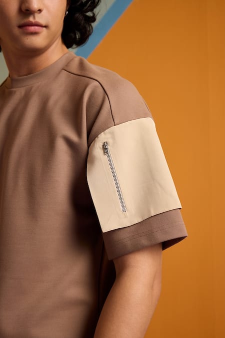 Muvazo_Brown Polyester, Cotton Nutty 3d Pocket Tee _Online_at_Aza_Fashions