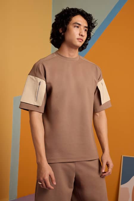 Shop_Muvazo_Brown Polyester, Cotton Nutty 3d Pocket Tee _Online_at_Aza_Fashions