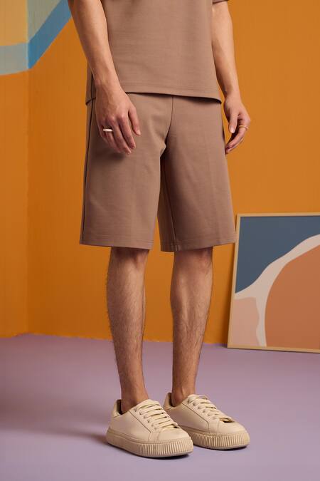 Muvazo_Brown Polyester, Cotton Walnut Wave Plain Shorts _Online_at_Aza_Fashions