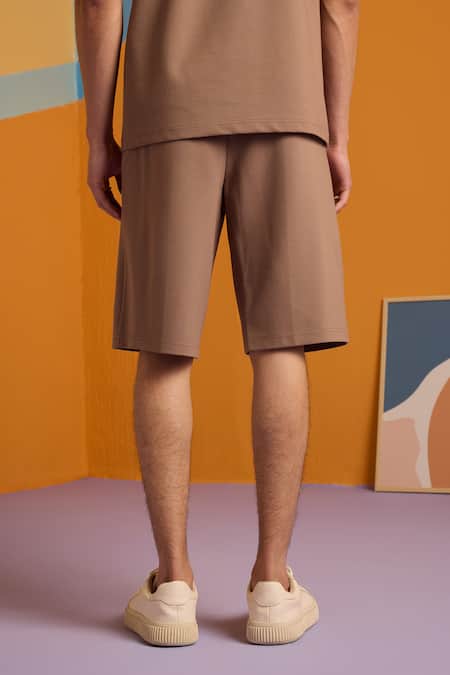 Shop_Muvazo_Brown Polyester, Cotton Walnut Wave Plain Shorts _at_Aza_Fashions