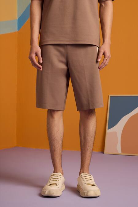 Buy_Muvazo_Brown Polyester, Cotton Walnut Wave Plain Shorts _Online_at_Aza_Fashions