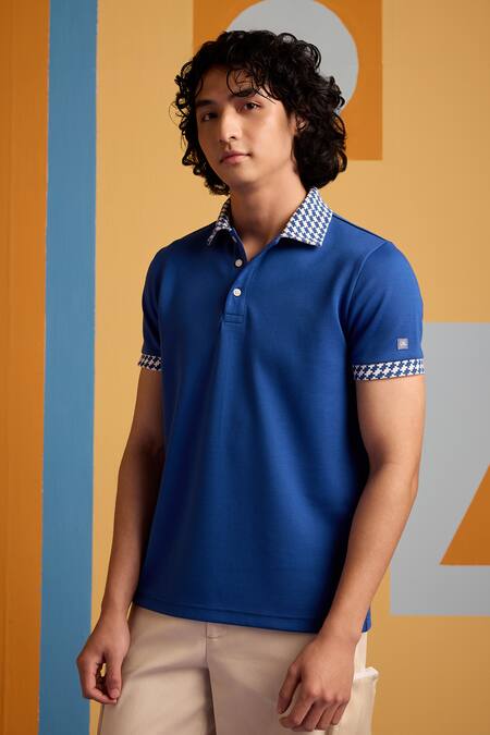 Buy Blue Interlock Textured Cerulean Polo T Shirt For Men by MUVAZO ...