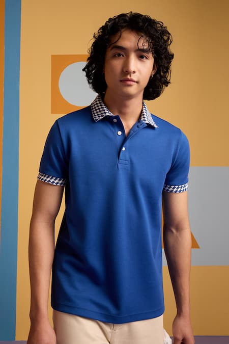 Muvazo_Blue Cotton, Polyester Cerulean Textured Polo T Shirt _Online_at_Aza_Fashions