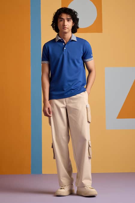 Shop_Muvazo_Blue Cotton, Polyester Cerulean Textured Polo T Shirt _Online_at_Aza_Fashions