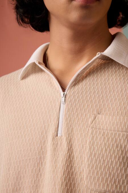 Muvazo Peach Jacquard Sunlit Sienna Woven Zip Tee Online at Aza Fashions Muvazo_Peach Jacquard Sunlit Sienna Woven Zip Tee _Online_at_Aza_Fashions