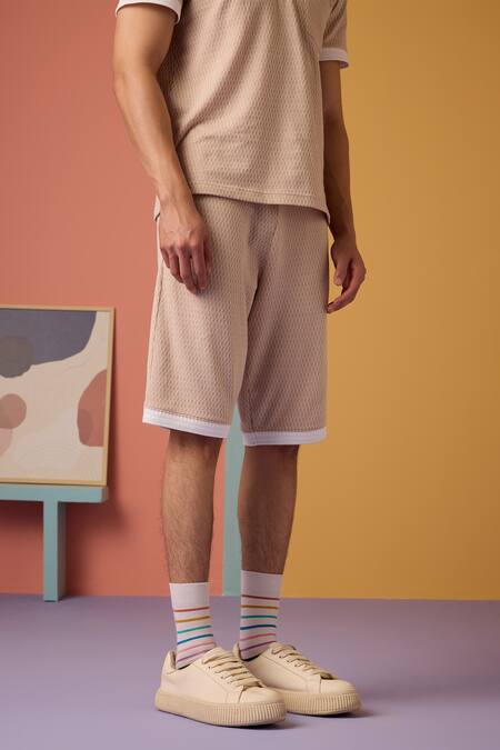 Muvazo_Peach Jacquard Woven Shorts _Online_at_Aza_Fashions