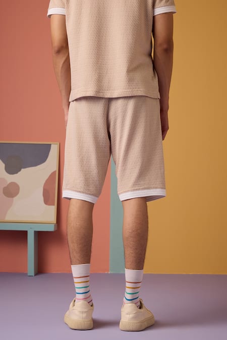 Shop_Muvazo_Peach Jacquard Woven Shorts _at_Aza_Fashions