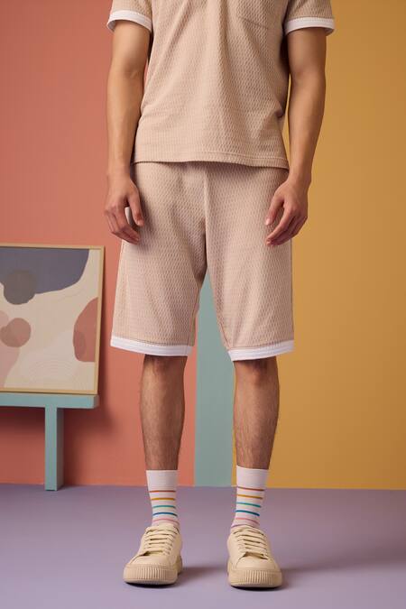 Shop_Muvazo_Peach Jacquard Woven Shorts _Online_at_Aza_Fashions