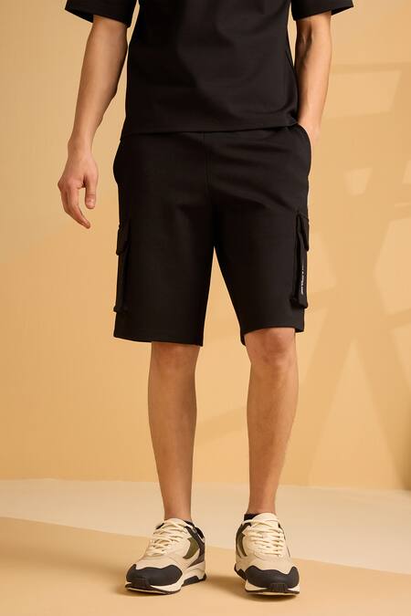 Muvazo_Black Cotton, Polyester Onyx Oasis Organic Pattern T Shirt And Shorts Set _Online_at_Aza_Fashions