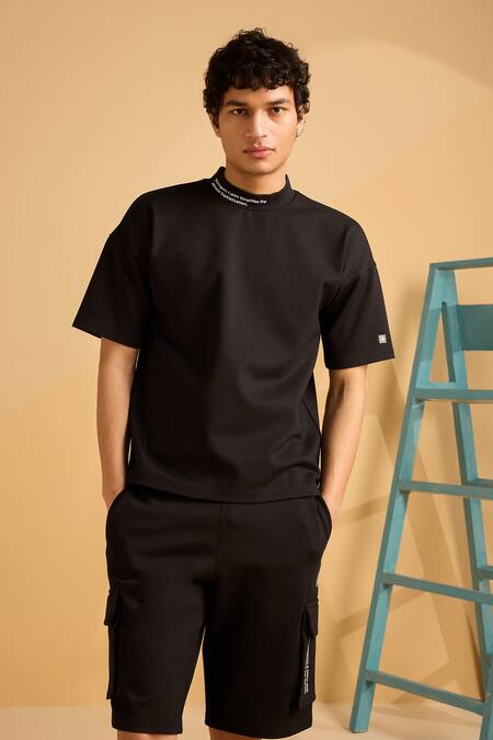 Buy_Muvazo_Black Cotton, Polyester Onyx Oasis Organic Pattern T Shirt And Shorts Set _Online_at_Aza_Fashions