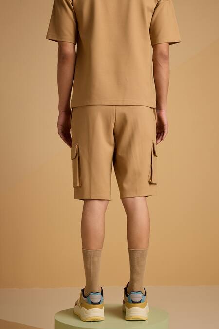 Shop_Muvazo_Brown Cotton, Polyester Sunlit Caramel Oasis Pattern T Shirt And Shorts Set _Online_at_Aza_Fashions