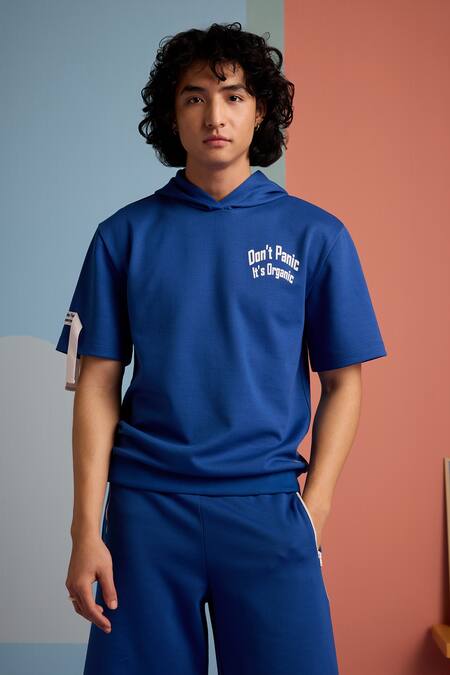 Muvazo_Blue Cotton, Dont Panic Its Organic Pattern Hoodie T Shirt And Shorts Set _Online_at_Aza_Fashions