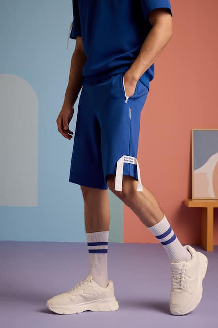 Shop_Muvazo_Blue Cotton, Dont Panic Its Organic Pattern Hoodie T Shirt And Shorts Set _Online_at_Aza_Fashions