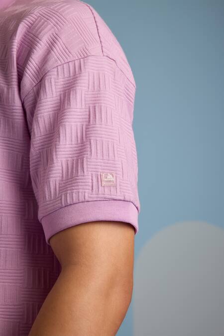 Muvazo_Purple Cotton, Polyester Maverick Stripe Jacquard Woven T Shirt And Shorts Set _Online_at_Aza_Fashions