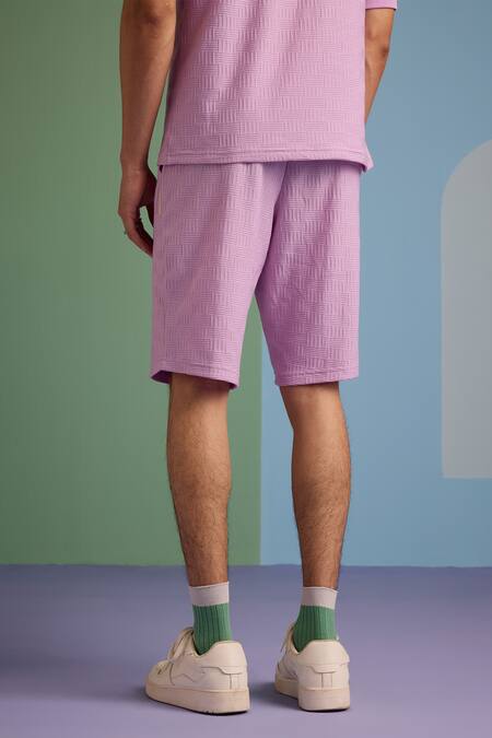 Shop_Muvazo_Purple Cotton, Polyester Maverick Stripe Jacquard Woven T Shirt And Shorts Set _Online_at_Aza_Fashions