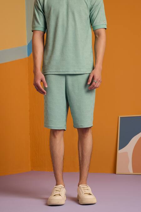 Muvazo Green Cotton, Polyester Maverick Stripe Woven T Shirt And Shorts Set Online at Aza Fashions Muvazo_Green Cotton, Polyester Maverick Stripe Woven T Shirt And Shorts Set _Online_at_Aza_Fashions