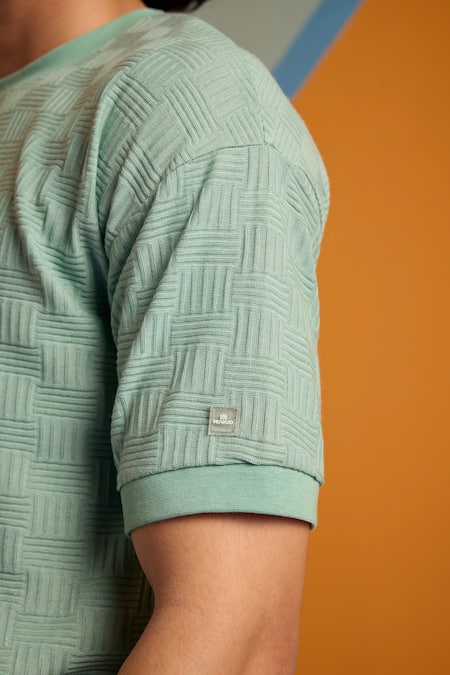 Shop Muvazo Green Cotton, Polyester Maverick Stripe Woven T Shirt And Shorts Set Online at Aza Fashions Shop_Muvazo_Green Cotton, Polyester Maverick Stripe Woven T Shirt And Shorts Set _Online_at_Aza_Fashions