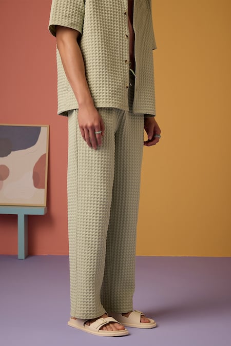 MUVAZO_Green Jacquard Cabana Opulence Woven Shirt And Pant Set _Online_at_Aza_Fashions