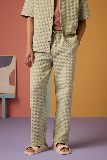 Buy_MUVAZO_Green Jacquard Cabana Opulence Woven Shirt And Pant Set _Online_at_Aza_Fashions
