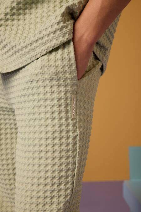 Shop_MUVAZO_Green Jacquard Cabana Opulence Woven Shirt And Pant Set _Online_at_Aza_Fashions
