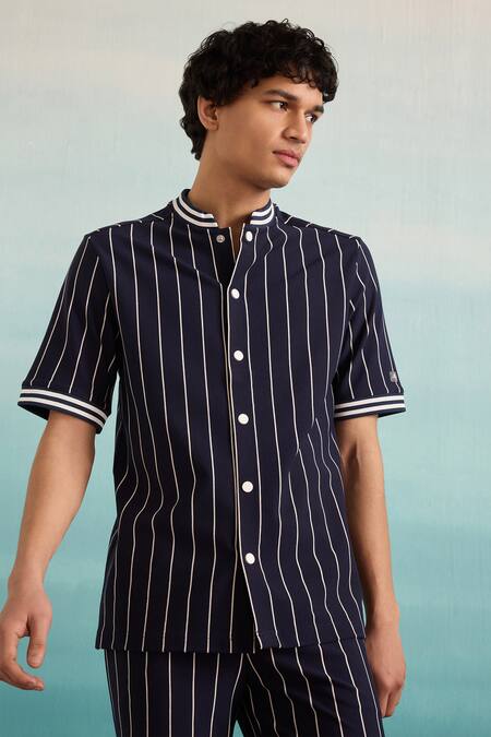 Muvazo Blue Cotton, Rayon Yacht Club Stripe Print Shirt And Pant Set Online at Aza Fashions Muvazo_Blue Cotton, Rayon Yacht Club Stripe Print Shirt And Pant Set _Online_at_Aza_Fashions