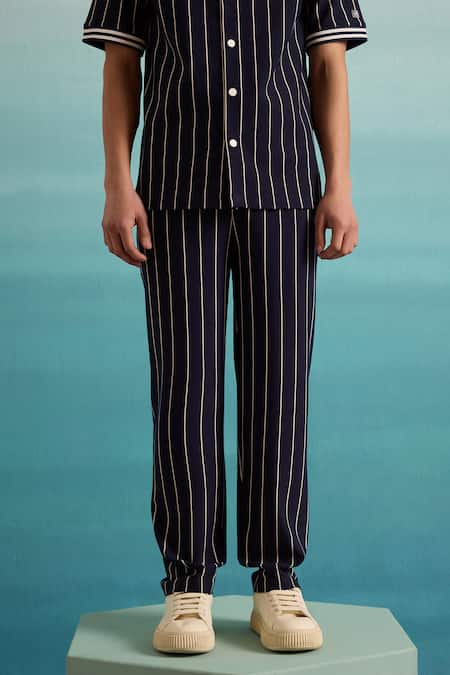 Shop Muvazo Blue Cotton, Rayon Yacht Club Stripe Print Shirt And Pant Set Online at Aza Fashions Shop_Muvazo_Blue Cotton, Rayon Yacht Club Stripe Print Shirt And Pant Set _Online_at_Aza_Fashions