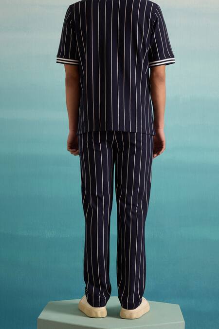 Muvazo Blue Cotton, Rayon Yacht Club Stripe Print Shirt And Pant Set at Aza Fashions Muvazo_Blue Cotton, Rayon Yacht Club Stripe Print Shirt And Pant Set _at_Aza_Fashions