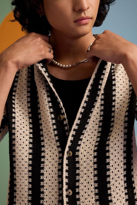 Shop_Muvazo_Black Cotton Embroidery Ebony Edge Crochet Shirt And Shorts Set _Online_at_Aza_Fashions