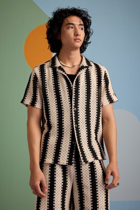 Muvazo_Black Cotton Embroidery Ebony Edge Crochet Shirt And Shorts Set _at_Aza_Fashions