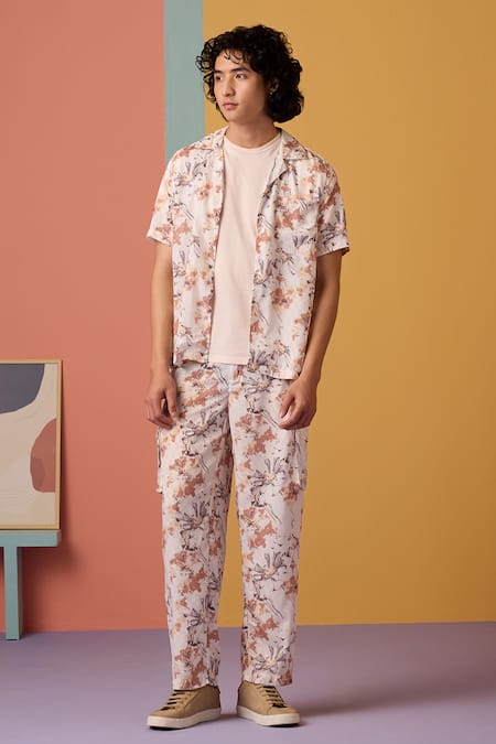 MUVAZO Brown Jacquard Satin Printed Floral Odyssey Shirt And Pant Set 